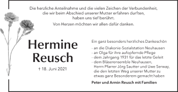 Traueranzeige von Hermine Reusch von Metzinger-Uracher Volksblatt