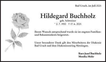 Traueranzeige von Hildegard Buchholz von Metzinger-Uracher Volksblatt