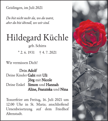 Traueranzeige von Hildegard Küchle von Geislinger Zeitung