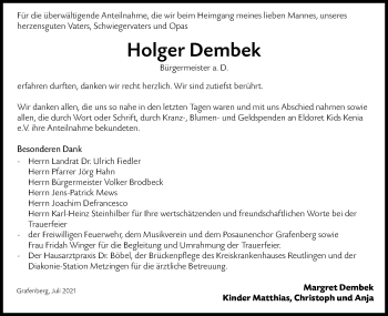 Traueranzeige von Holger Dembek von Metzinger-Uracher Volksblatt