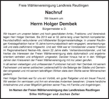 Traueranzeige von Holger Dembek von Metzinger-Uracher Volksblatt