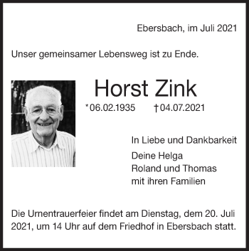 Traueranzeige von Horst Zink von NWZ Neue Württembergische Zeitung