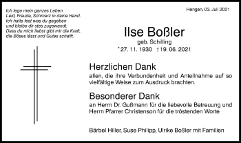 Traueranzeige von Ilse Boßler von Alb-Bote/Metzinger-Uracher Volksblatt