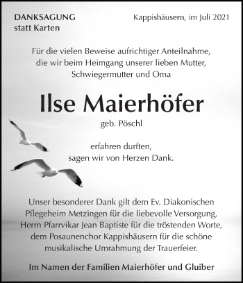 Traueranzeige von Ilse Maierhöfer von Metzinger-Uracher Volksblatt