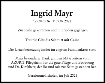 Traueranzeige von Ingrid Mayr von Hohenloher Tagblatt