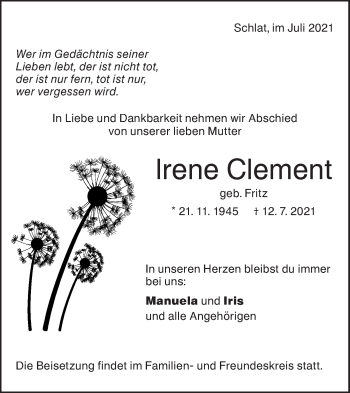 Traueranzeige von Irene Clement von NWZ Neue Württembergische Zeitung