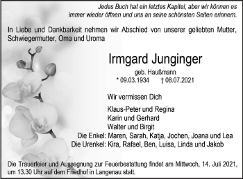 Traueranzeige von Irmgard Junganger von SÜDWEST PRESSE Ausgabe Ulm/Neu-Ulm