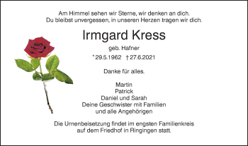 Traueranzeige von Irmgard Kress von SÜDWEST PRESSE Ausgabe Ulm/Neu-Ulm