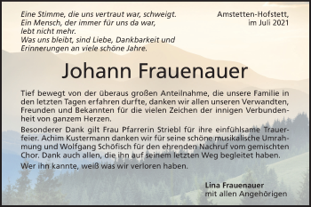 Traueranzeige von Johann Frauenauer von Geislinger Zeitung