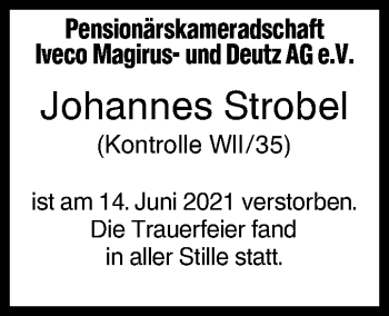 Traueranzeige von Johannes Strobel von SÜDWEST PRESSE Ausgabe Ulm/Neu-Ulm