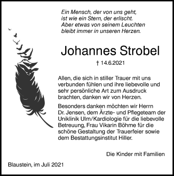 Traueranzeige von Johannes Strobel von SÜDWEST PRESSE Ausgabe Ulm/Neu-Ulm