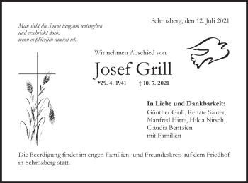 Traueranzeige von Josef Grill von Hohenloher Tagblatt