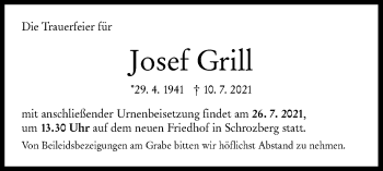 Traueranzeige von Josef Grill von Hohenloher Tagblatt