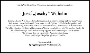 Traueranzeige von Josef Wilhelm von Hohenloher Tagblatt