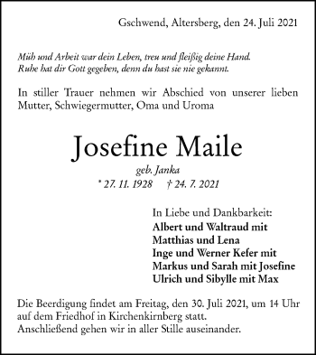 Traueranzeige von Josefine Maile von Rundschau Gaildorf