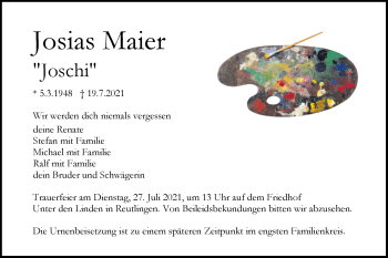 Traueranzeige von Josias Maier von Metzinger-Uracher Volksblatt