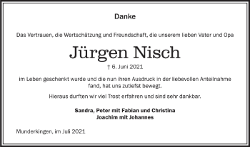 Traueranzeige von Jürgen Nisch von Ehinger Tagblatt