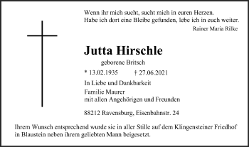 Traueranzeige von Jutta Hirschle von SÜDWEST PRESSE Ausgabe Ulm/Neu-Ulm