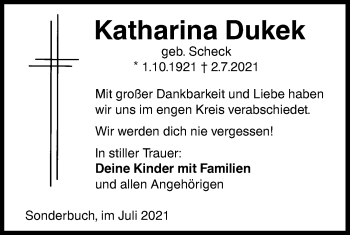 Traueranzeige von Katharina Dukek von SÜDWEST PRESSE Ausgabe Ulm/Neu-Ulm