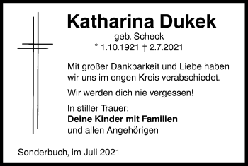 Traueranzeige von Katharina Dukek von SÜDWEST PRESSE