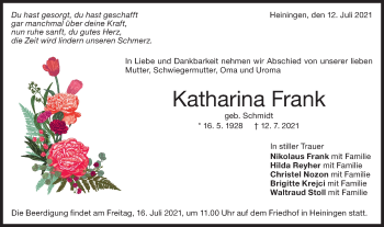 Traueranzeige von Katharina Frank von NWZ Neue Württembergische Zeitung