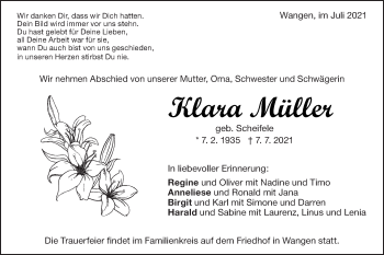 Traueranzeige von Klara Müller von NWZ Neue Württembergische Zeitung