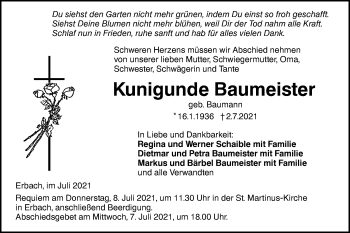 Traueranzeige von Kunigunde Baumeister von SÜDWEST PRESSE Ausgabe Ulm/Neu-Ulm