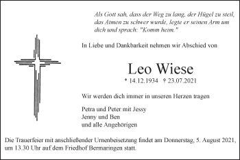 Traueranzeige von Leo Wiese von SÜDWEST PRESSE Ausgabe Ulm/Neu-Ulm