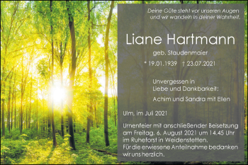 Traueranzeige von Liane Hartmann von SÜDWEST PRESSE Ausgabe Ulm/Neu-Ulm