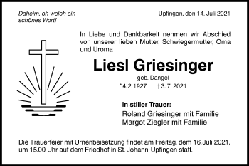 Traueranzeige von Liesl Griesinger von Metzinger-Uracher Volksblatt