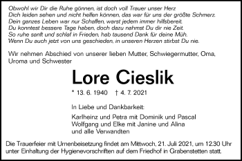 Traueranzeige von Lore Cieslik von Alb-Bote/Metzinger-Uracher Volksblatt