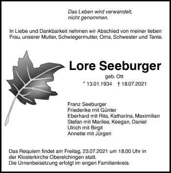 Traueranzeige von Lore Seeburger von SÜDWEST PRESSE Ausgabe Ulm/Neu-Ulm