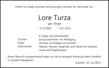 Traueranzeige von Lore Turza von Haller Tagblatt