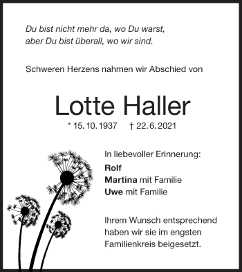 Traueranzeige von Lotte Haller von NWZ Neue Württembergische Zeitung