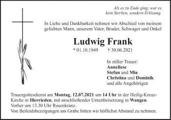 Traueranzeige von Ludwig Frank von SÜDWEST PRESSE Ausgabe Ulm/Neu-Ulm