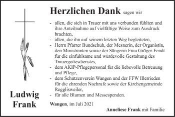 Traueranzeige von Ludwig Frank von SÜDWEST PRESSE Ausgabe Ulm/Neu-Ulm