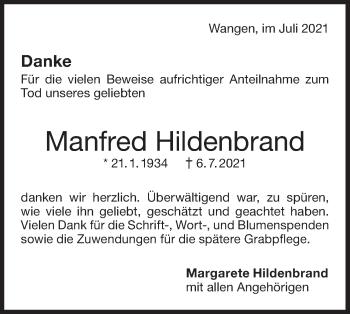 Traueranzeige von Manfred Hildenbrand von NWZ Neue Württembergische Zeitung