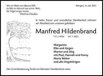 Traueranzeige von Manfred Hildenbrand von NWZ Neue Württembergische Zeitung