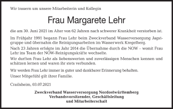 Traueranzeige von Margarete Lehr von Hohenloher Tagblatt