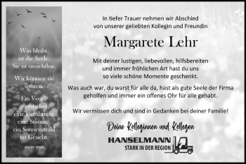 Traueranzeige von Margarete Lehr von Hohenloher Tagblatt