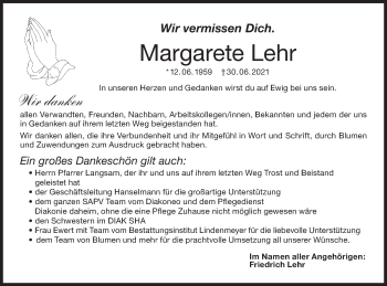 Traueranzeige von Margarete Lehr von Hohenloher Tagblatt