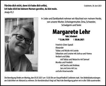 Traueranzeige von Margarete Lehr von Hohenloher Tagblatt