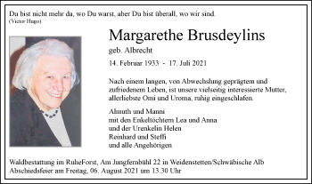 Traueranzeige von Margarethe Brusdeylins von SÜDWEST PRESSE Ausgabe Ulm/Neu-Ulm