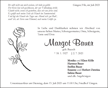 Traueranzeige von Margot Bauer von Geislinger Zeitung