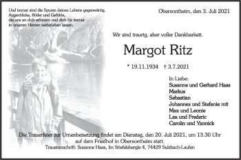 Traueranzeige von Margot Ritz von Haller Tagblatt