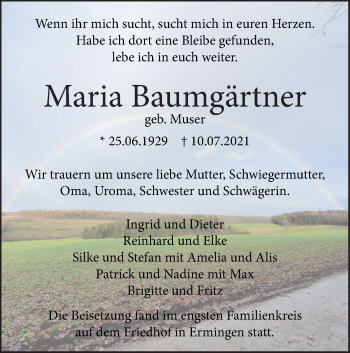 Traueranzeige von Maria Baumgärtner von SÜDWEST PRESSE Ausgabe Ulm/Neu-Ulm