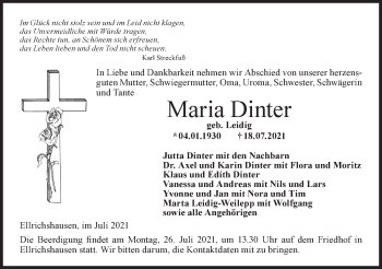 Traueranzeige von Maria Dinter von Hohenloher Tagblatt