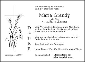 Traueranzeige von Maria Grandy von SÜDWEST PRESSE Ausgabe Ulm/Neu-Ulm