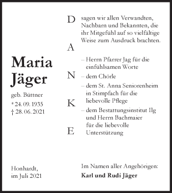 Traueranzeige von Maria Jäger von Hohenloher Tagblatt