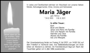 Traueranzeige von Maria Jäger von Hohenloher Tagblatt